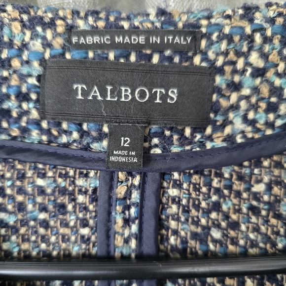 Talbots Size 12 Italian Navy Blue Tan Tweed Snap Front Cardigan Sweater Coat - Picture 6 of 6